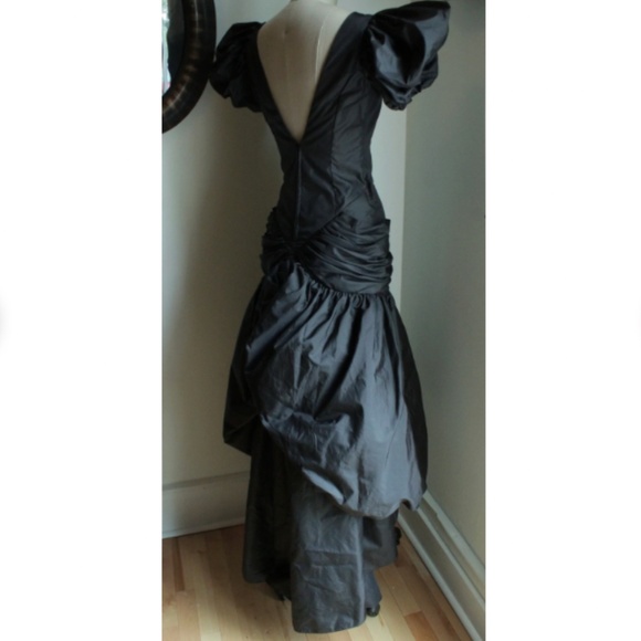 1980's Slate What's Up By Carol Grey Taffeta Puff Sleeve Bustle Evening Gown - Picture 4 of 7